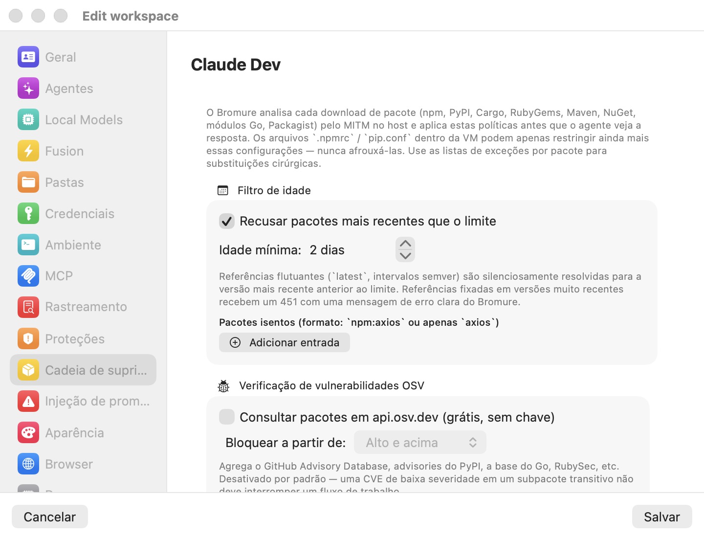O painel Cadeia de fornecimento da janela Editar espaço de trabalho, mostrando o grupo Portão de idade com Recusar pacotes mais recentes do que o limite assinalado e Idade mínima definida como 2 dias, e o grupo Verificação de vulnerabilidades OSV desassinalado por baixo