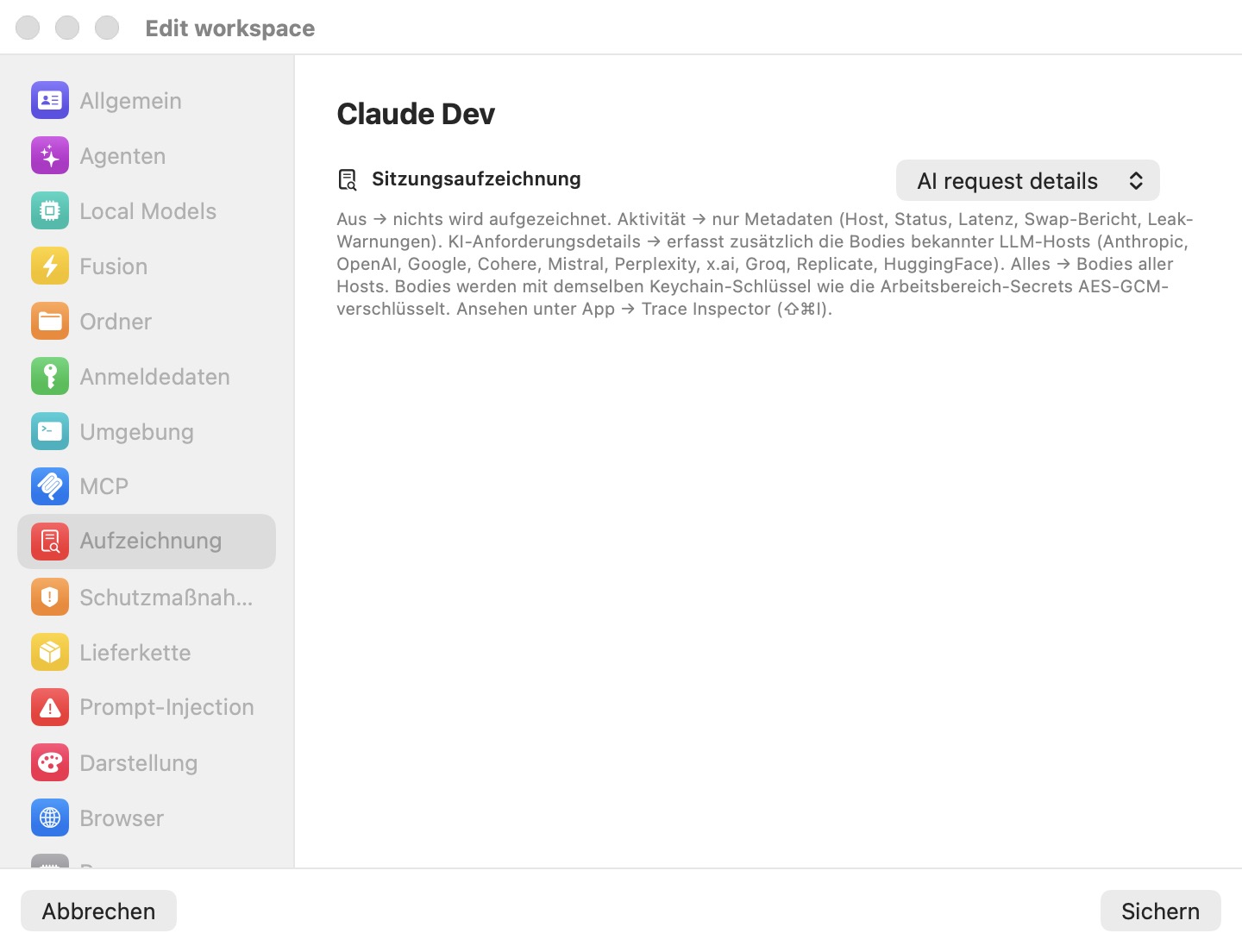 Der Tracing-Bereich des Fensters „Arbeitsbereich bearbeiten“, wobei die Auswahl „Sitzungs-Trace“ auf „KI-Anfragedetails“ eingestellt ist
