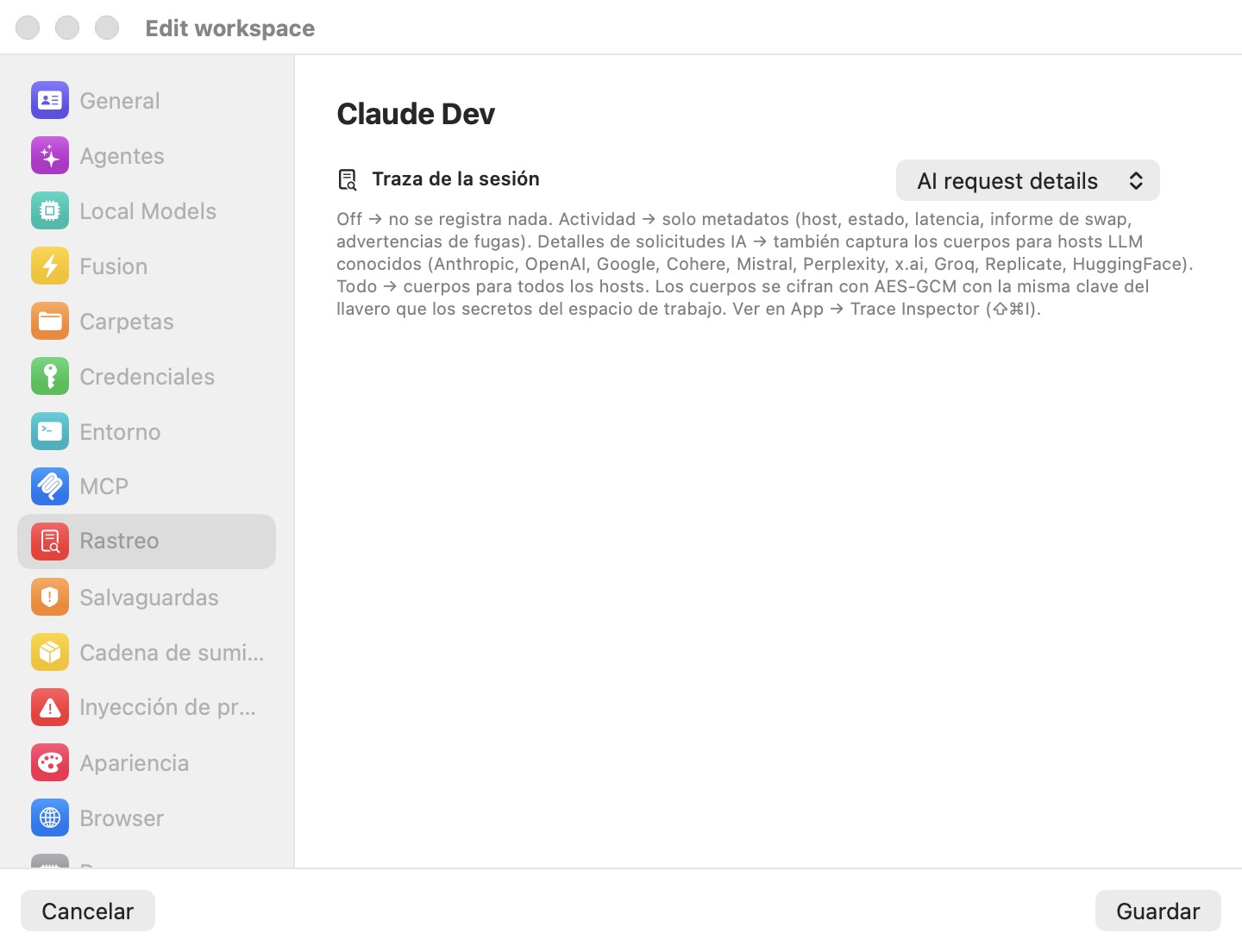El panel Trazado de la ventana Editar espacio de trabajo, con el selector Traza de sesión configurado en Detalles de peticiones de IA