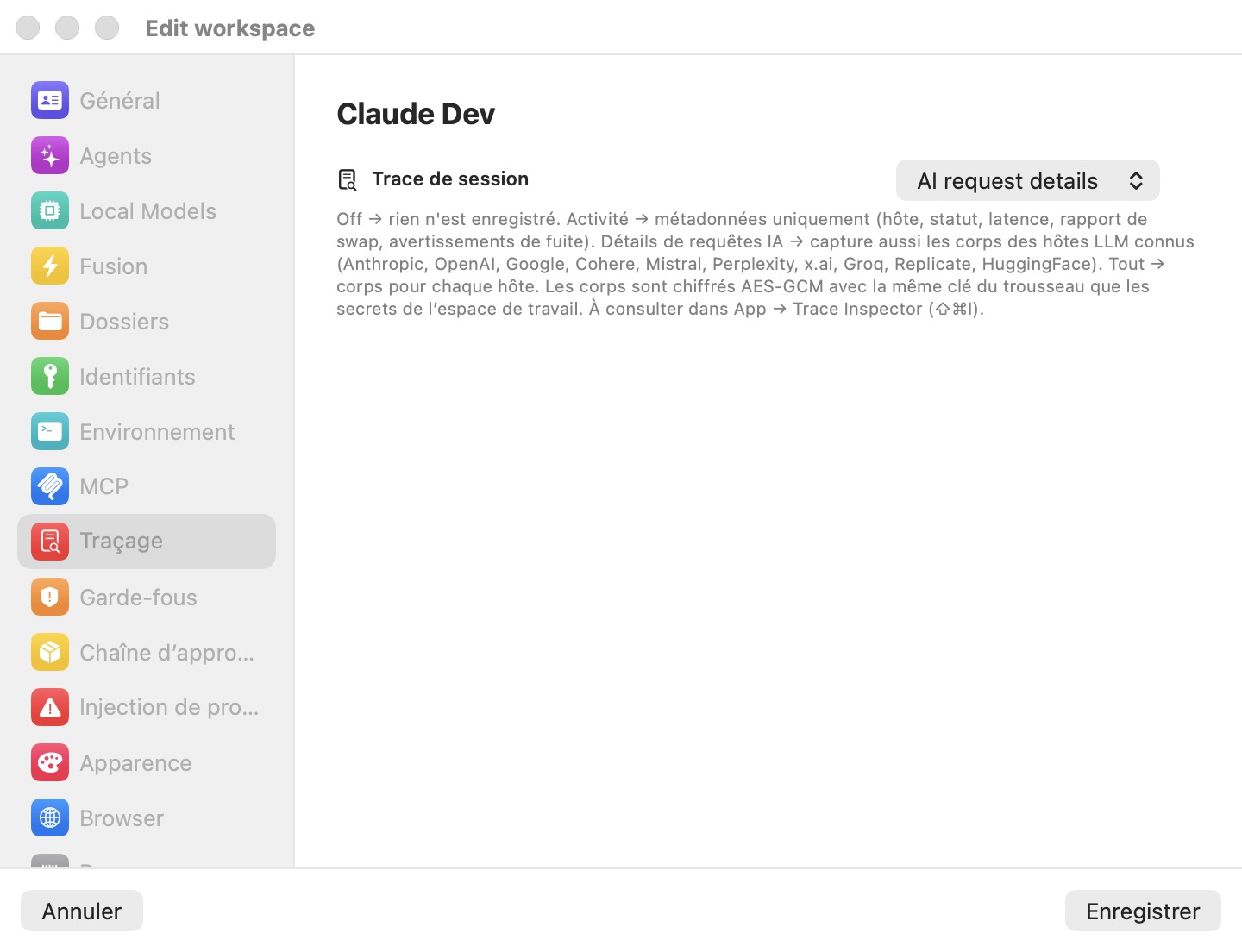 Le volet Traçage de la fenêtre Modifier l'espace de travail, avec le sélecteur Trace de session réglé sur Détails des requêtes IA