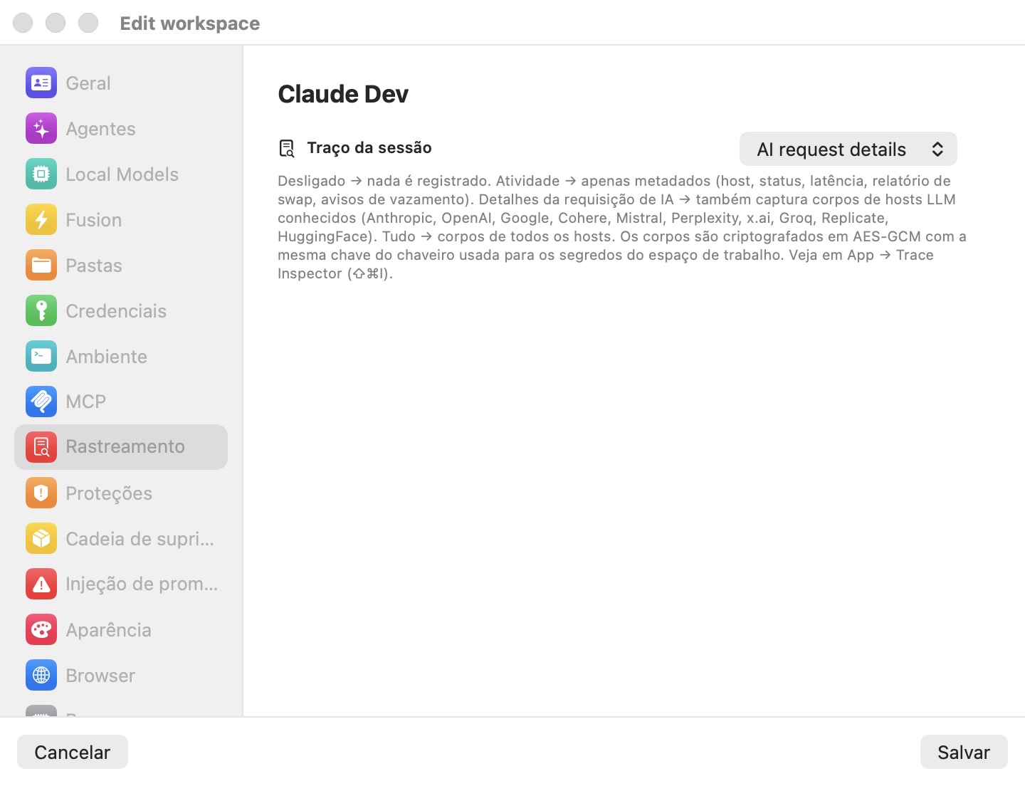 O painel Rastreio da janela Editar espaço de trabalho, com o seletor Rastreio de sessão definido para Detalhes de pedidos de IA