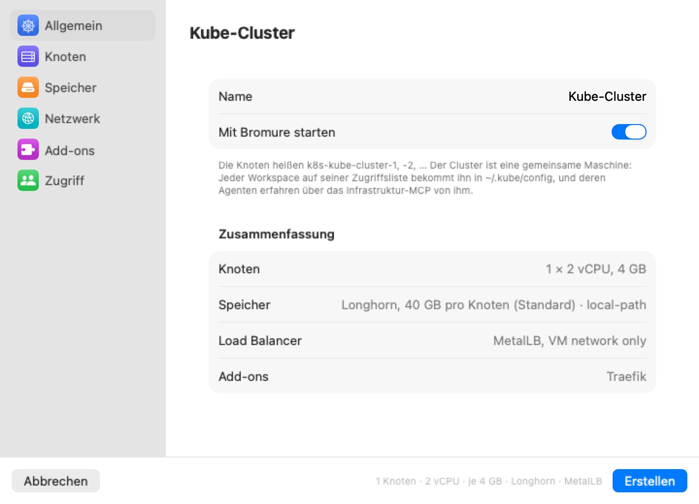 Das Blatt Neues Cluster auf seinem Bereich Allgemein: eine Seitenleiste mit Allgemein, Knoten, Speicher, Netzwerk, Add-ons und Zugriff; das Feld Name, der Schalter Mit Bromure starten, und eine Zusammenfassung von Knoten, Speicher, Load Balancer und Add-ons.