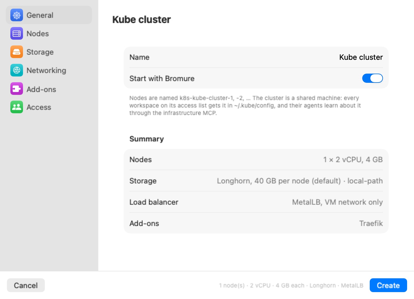 The New cluster sheet on its General pane: a sidebar with General, Nodes, Storage, Networking, Add-ons and Access; the Name field, the Start with Bromure switch, and a Summary of nodes, storage, load balancer and add-ons.