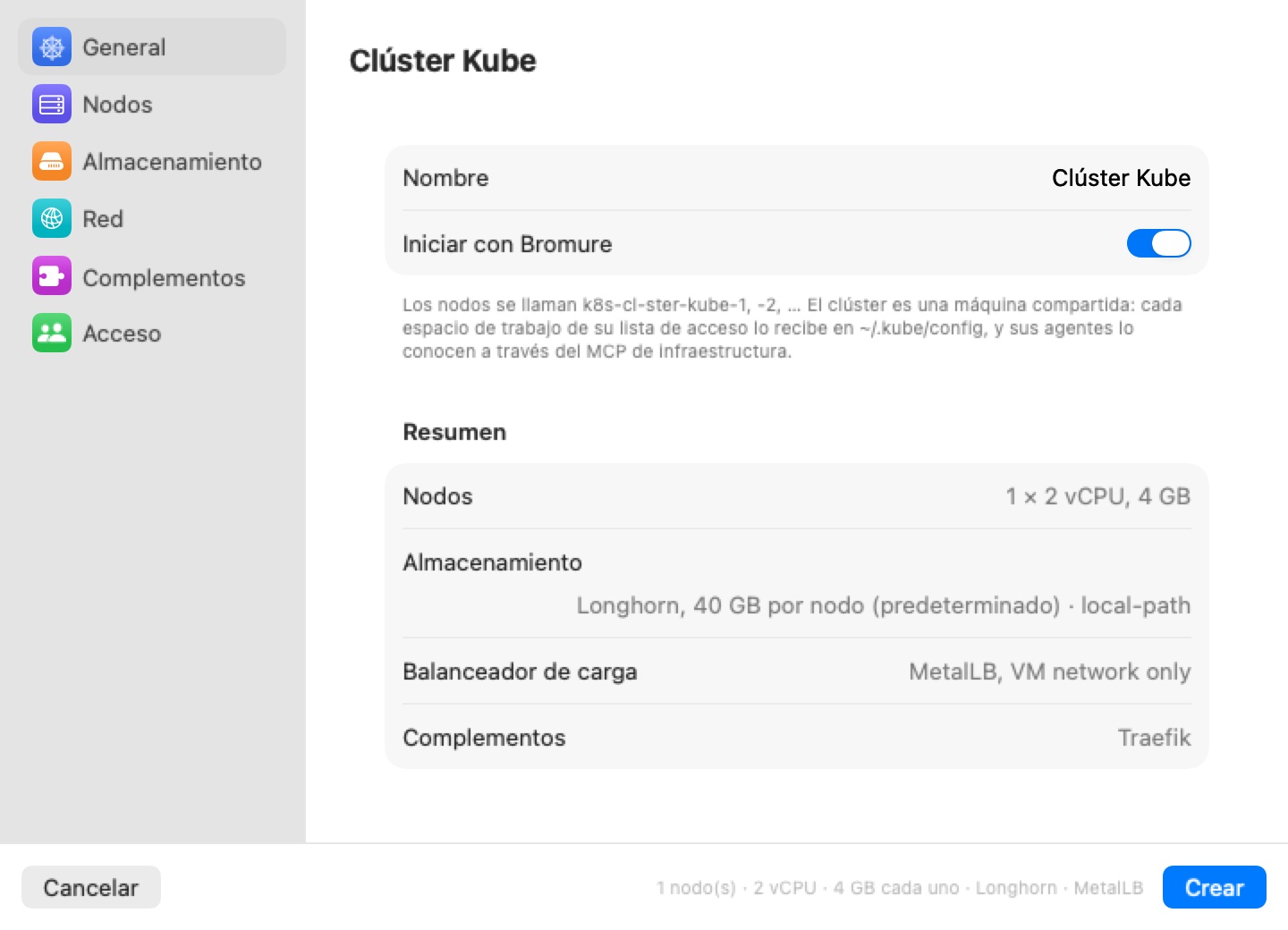 La hoja Clúster nuevo en su panel General: una barra lateral con General, Nodos, Almacenamiento, Red, Complementos y Acceso; el campo Nombre, el interruptor Iniciar con Bromure, y un Resumen de nodos, almacenamiento, balanceador de carga y complementos.