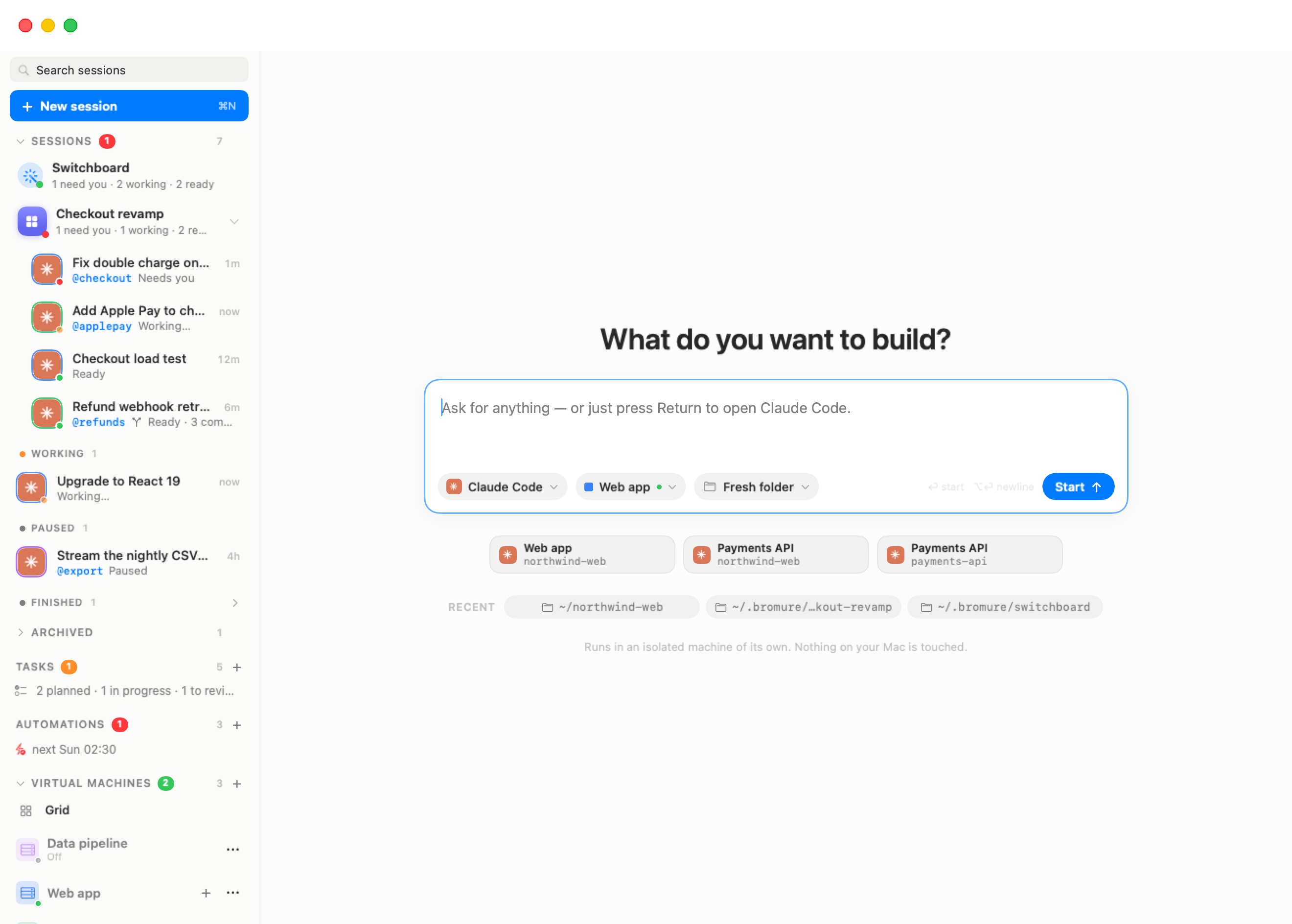 The main window with the Virtual Machines section unfolded at the bottom of the sidebar: a green badge showing 2 running and a count of 3, a + button, then the Grid node and the Payments API and Web app rows, each with a + and a ⋯ button. The stage shows the new-session screen.