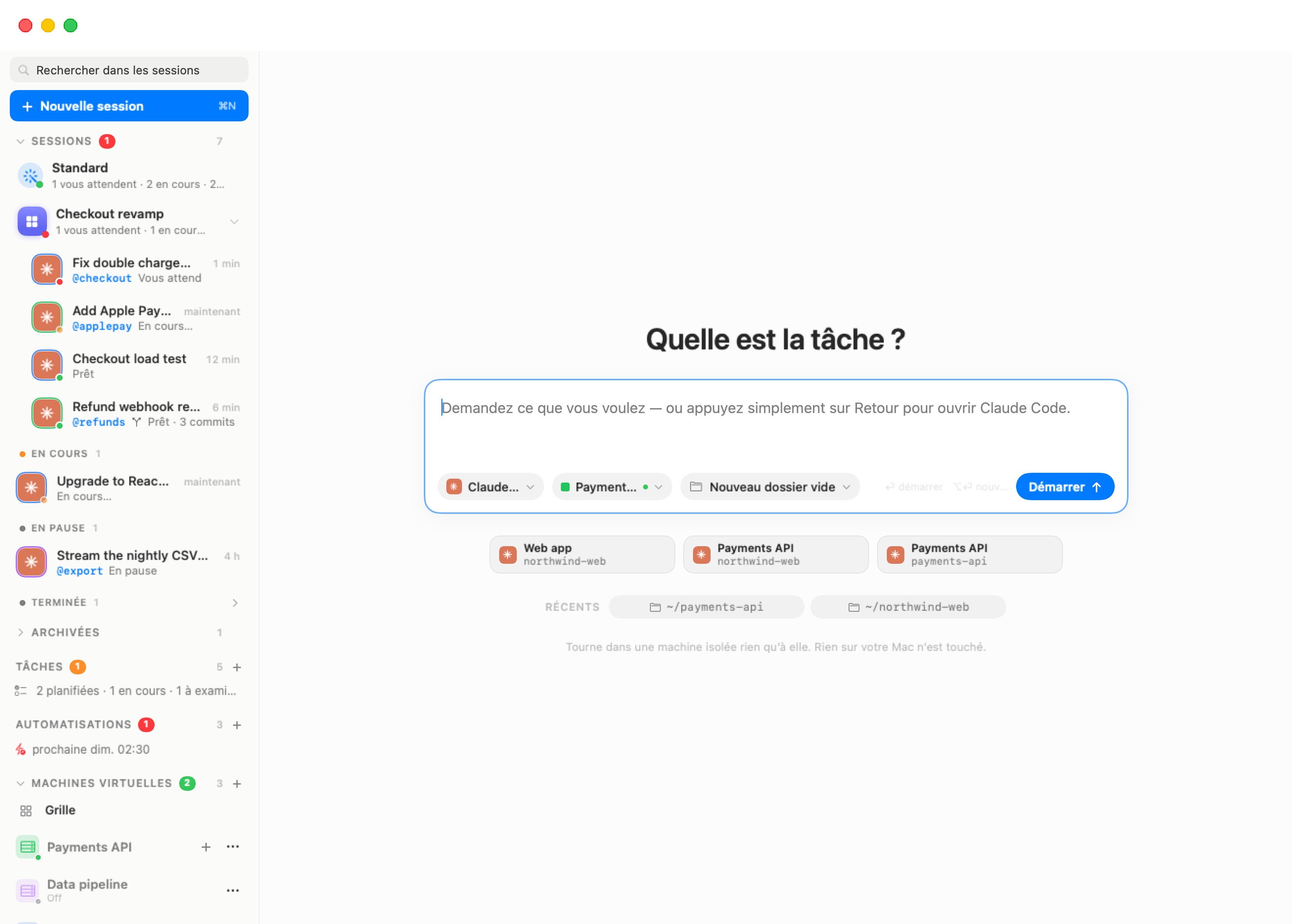 La fenêtre principale avec la section Machines virtuelles dépliée en bas de la barre latérale : un badge vert indiquant 2 en cours et un total de 3, un bouton +, puis le nœud Grille et les lignes Payments API et Web app, chacune avec un bouton + et un bouton ⋯. La scène montre l'écran de nouvelle session.