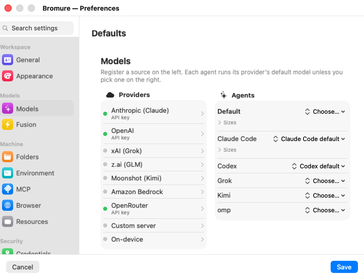 Bromure — Preferences window, Defaults, Models pane. Heading Models with the caption Register a source on the left. Each agent runs its provider's default model unless you pick one on the right. The Providers column lists Anthropic (Claude) with API key, OpenAI with API key, xAI (Grok), z.ai (GLM), Moonshot (Kimi), Amazon Bedrock, OpenRouter with API key, Custom server and On-device, with green dots on the three configured providers. The Agents column lists Default with a Choose… chip and a Sizes disclosure, Claude Code showing Claude Code default with Sizes, Codex showing Codex default, and Grok, Kimi and omp showing Choose…