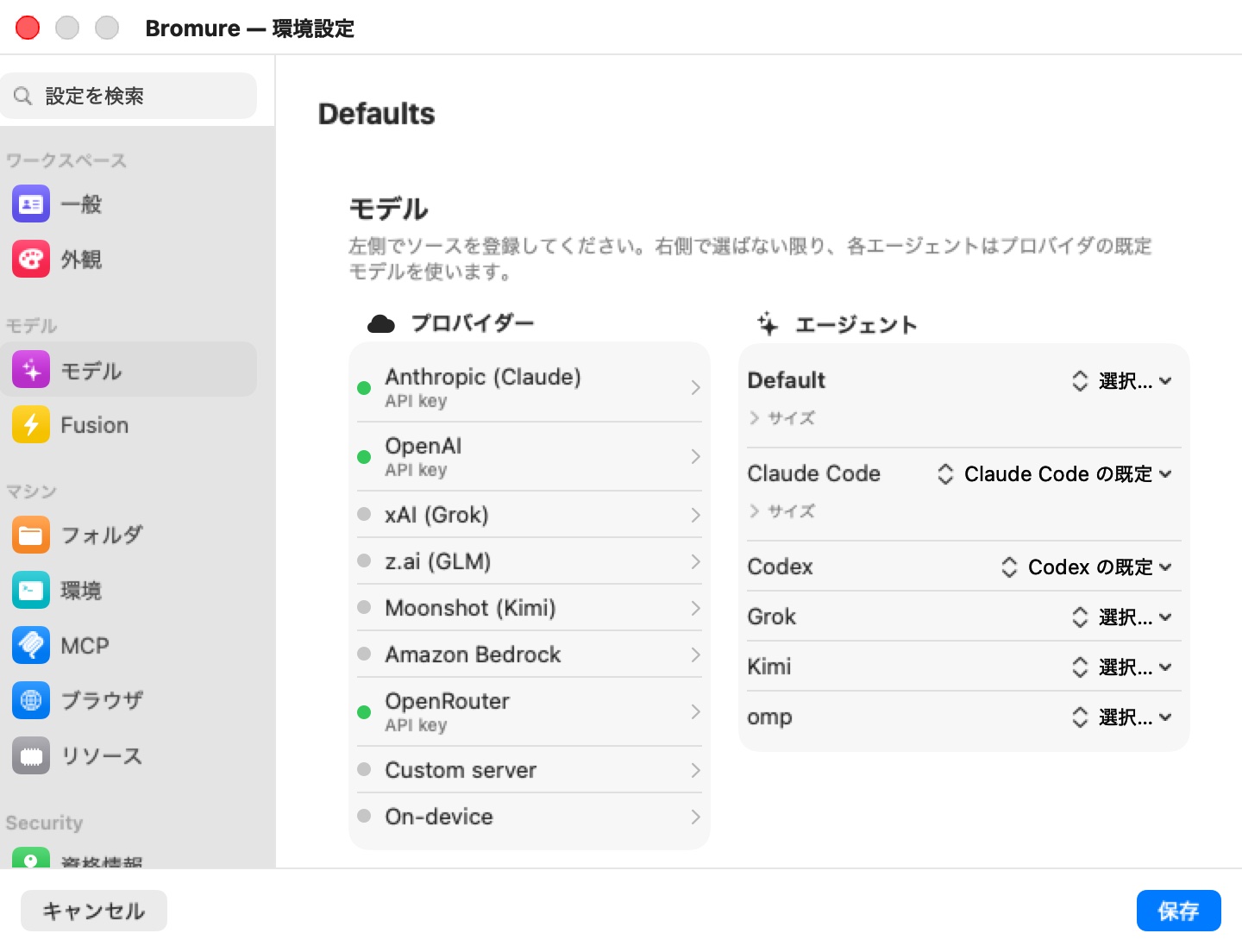 デフォルトのテンプレートでの環境設定 › モデル。プロバイダーの列では Anthropic (Claude)、OpenAI、OpenRouter が API キー付きで設定済み、xAI (Grok)、z.ai (GLM)、Moonshot (Kimi)、Amazon Bedrock、カスタムサーバー、オンデバイスは未設定。エージェントの列にはデフォルトと Claude Code（それぞれサイズの開閉部付き）、Codex、Grok、Kimi、omp。