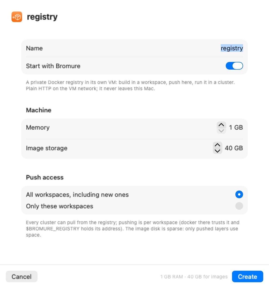 The New registry sheet: Name (placeholder registry), Start with Bromure, a Machine section with Memory and Image storage steppers, and Push access with a choice of all workspaces or only some.