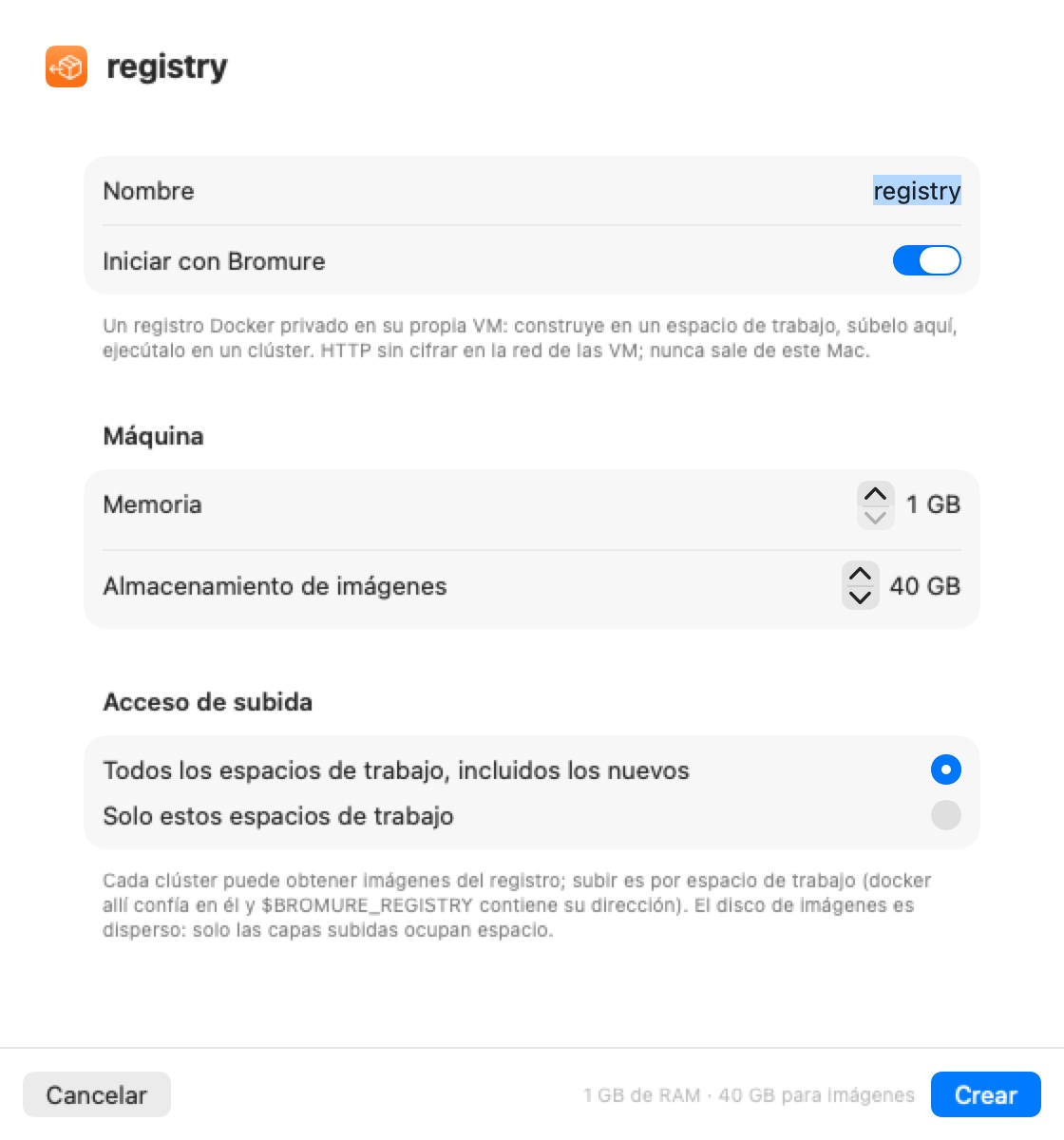 La hoja Registro nuevo: Nombre (texto de ejemplo registry), Iniciar con Bromure, una sección Máquina con selectores de Memoria y Almacenamiento de imágenes, y Acceso de subida con la elección entre todos los espacios de trabajo o solo algunos.