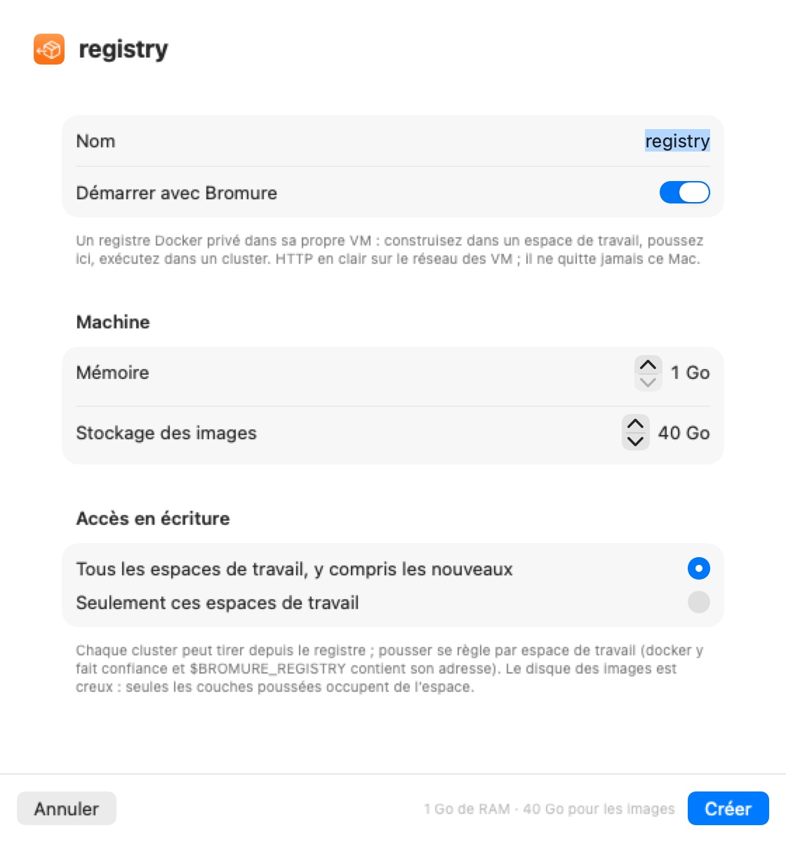 La feuille Nouveau registre : Nom (invite registry), Démarrer avec Bromure, une section Machine avec des incrémenteurs Mémoire et Stockage des images, et Accès en écriture avec le choix entre tous les espaces de travail ou seulement certains.