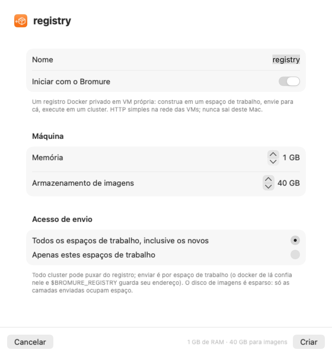 A folha Novo registo: Nome (texto de exemplo registry), Iniciar com o Bromure, uma secção Máquina com seletores de Memória e Armazenamento de imagens, e Acesso de envio com a escolha entre todos os espaços de trabalho ou só alguns.