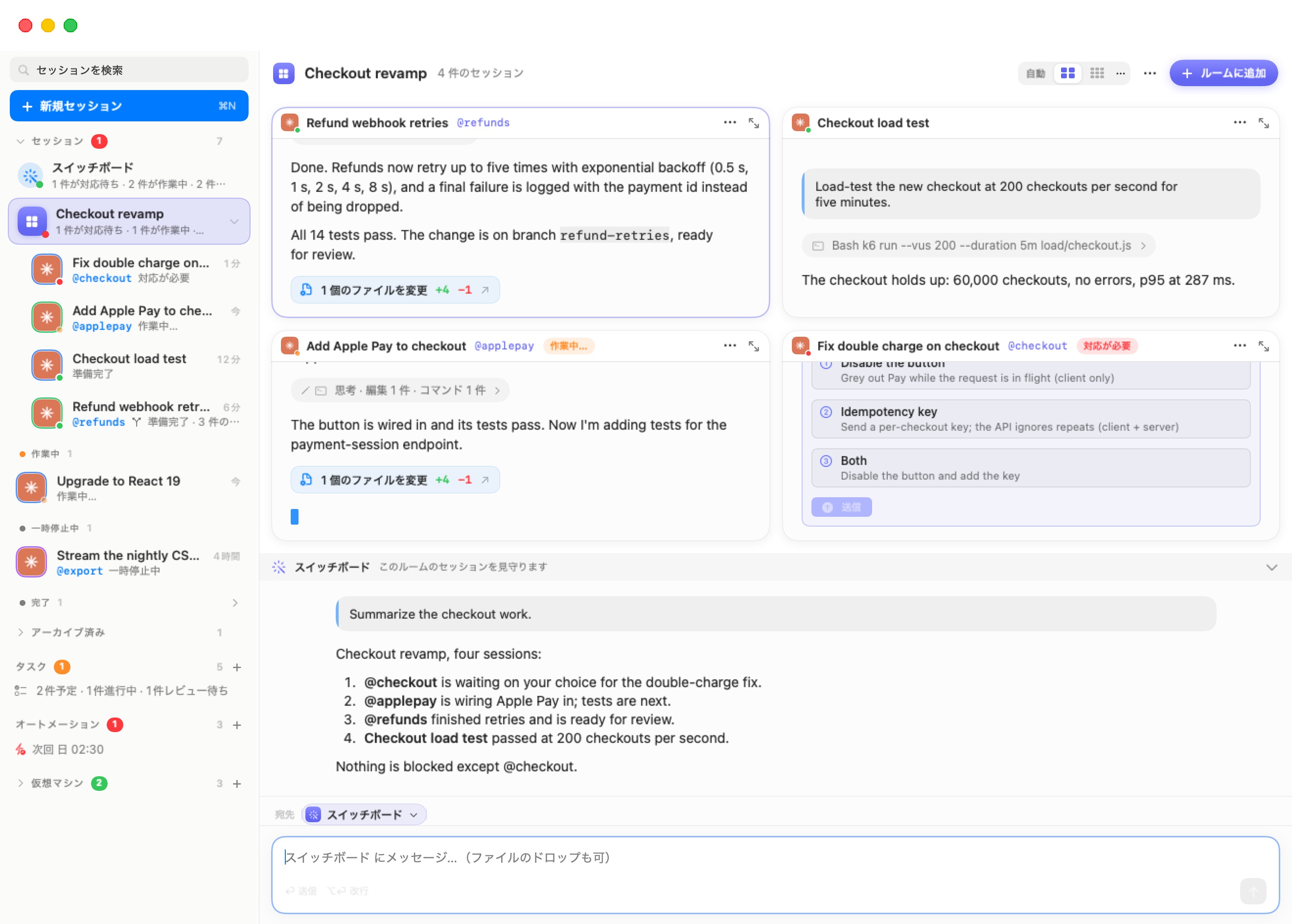 ステージ上のルーム「チェックアウト改修」：4 つの生きたチャットの 2×2 グリッド（返金 webhook の再試行、チェックアウトの負荷テスト、「作業中…」と付いたチェックアウトに Apple Pay を追加、そして質問カードとともに「対応が必要」と付いたチェックアウトの二重請求を修正）。ヘッダーには 自動 / 2×2 / 3×3 / ⋯ のレイアウト選択と「ルームに追加」があり、下にはルームのスイッチボードが状況要約とともにドッキングし、コンポーザーの宛先は「宛先：スイッチボード」。サイドバーでは、ルームの行がグローバルなスイッチボードの下にあり、4 つのセッションがその下に入れ子になっている。