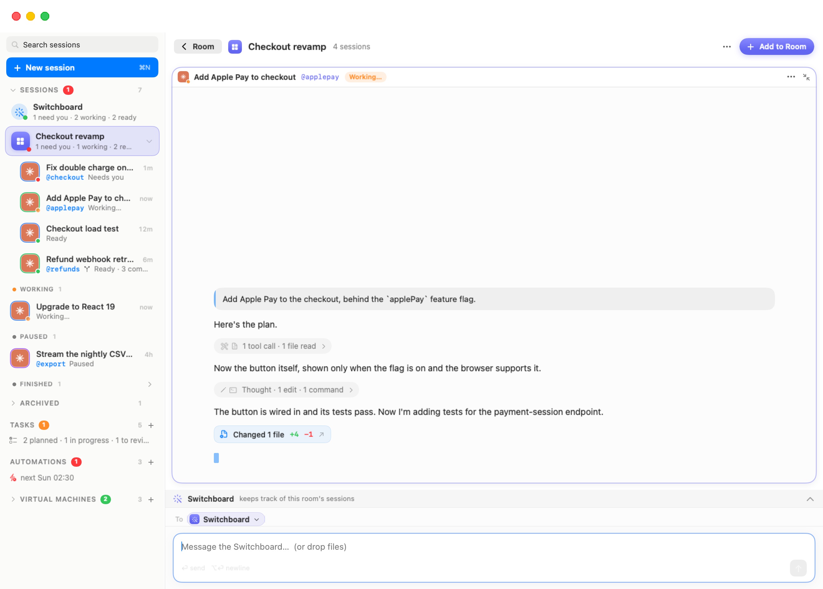 The same room with the “Add Apple Pay to checkout” cell zoomed to fill the stage: a Room back button at the left of the header, no layout picker, the Switchboard dock folded to its title line “Switchboard — keeps track of this room's sessions”, and the composer below.