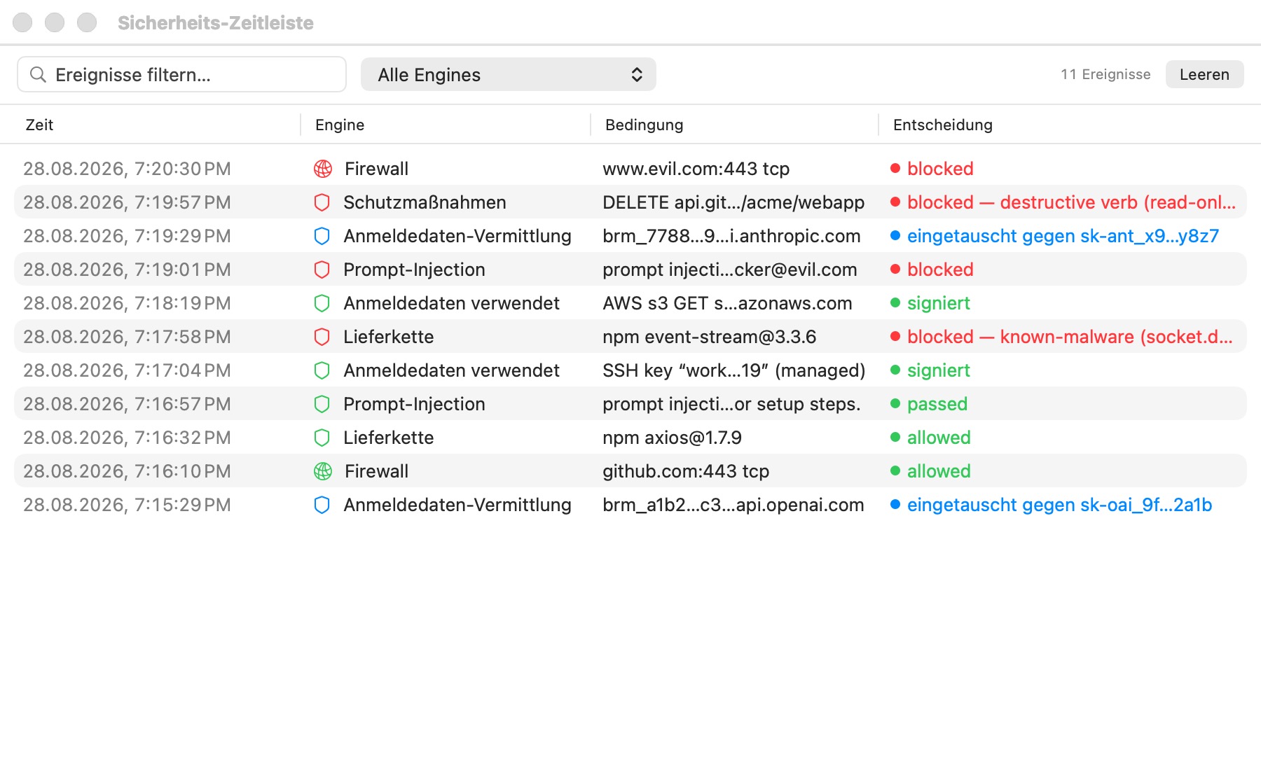 Das Fenster Sicherheits-Zeitleiste: eine chronologische Tabelle aus Firewall-, Schutzmechanismen-, Credential-Brokering-, Prompt-Injection-, Lieferketten- und Zugangsdaten-verwendet-Zeilen, jeweils farbcodiert — grün für zugelassen, rot für blockiert, blau für informativ