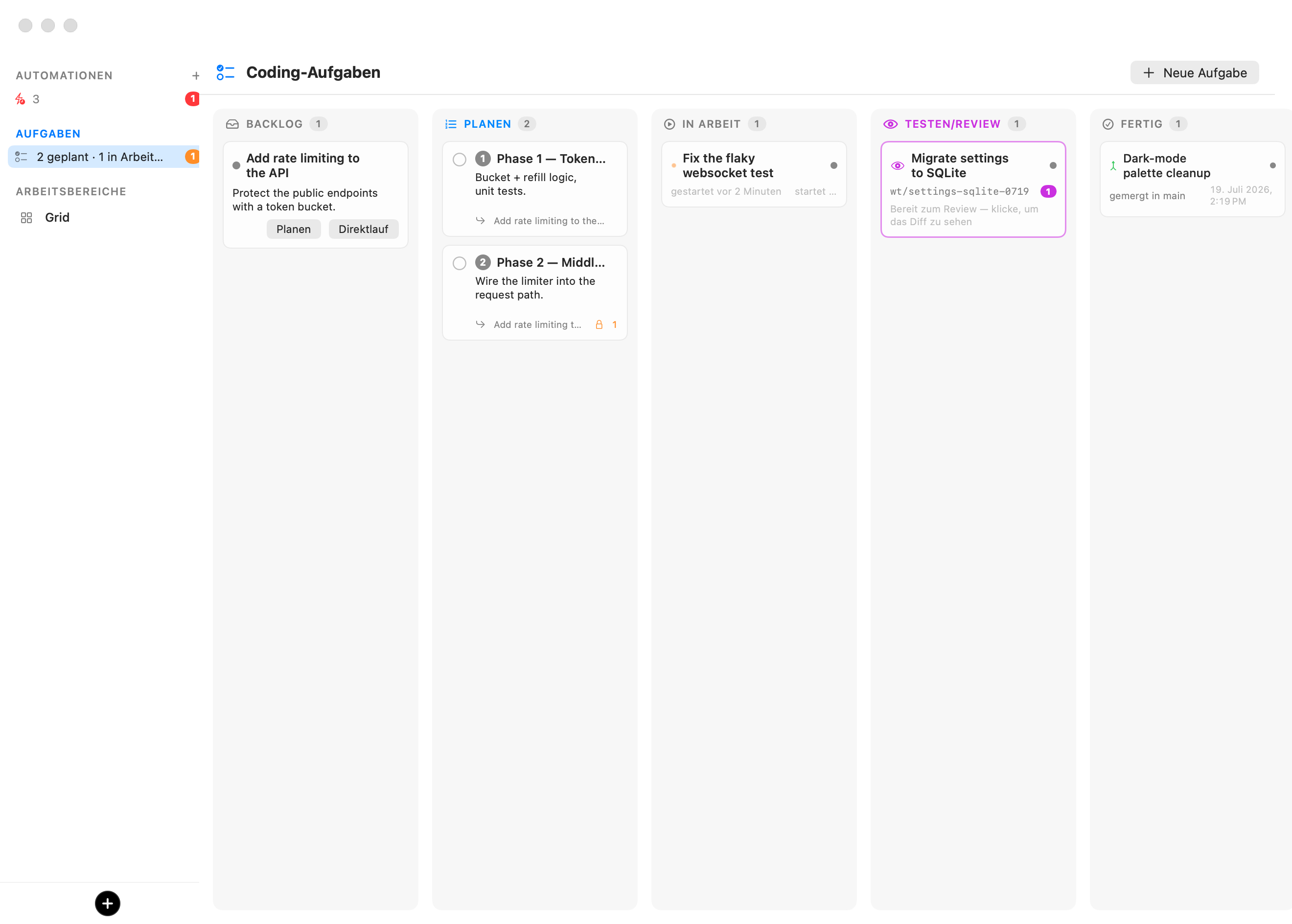 Das Coding-Aufgaben-Board: Backlog mit einem Briefing, das Planen und In einem Zug anbietet, Plan mit zwei nummerierten Phasenkarten (die zweite hinter einer Abhängigkeit gesperrt), In Bearbeitung mit einer laufenden Aufgabe, Test/Review mit einer Karte, die ihren Branch und eine Kommentaranzahl zeigt, und Fertig mit einer gemergten Karte.