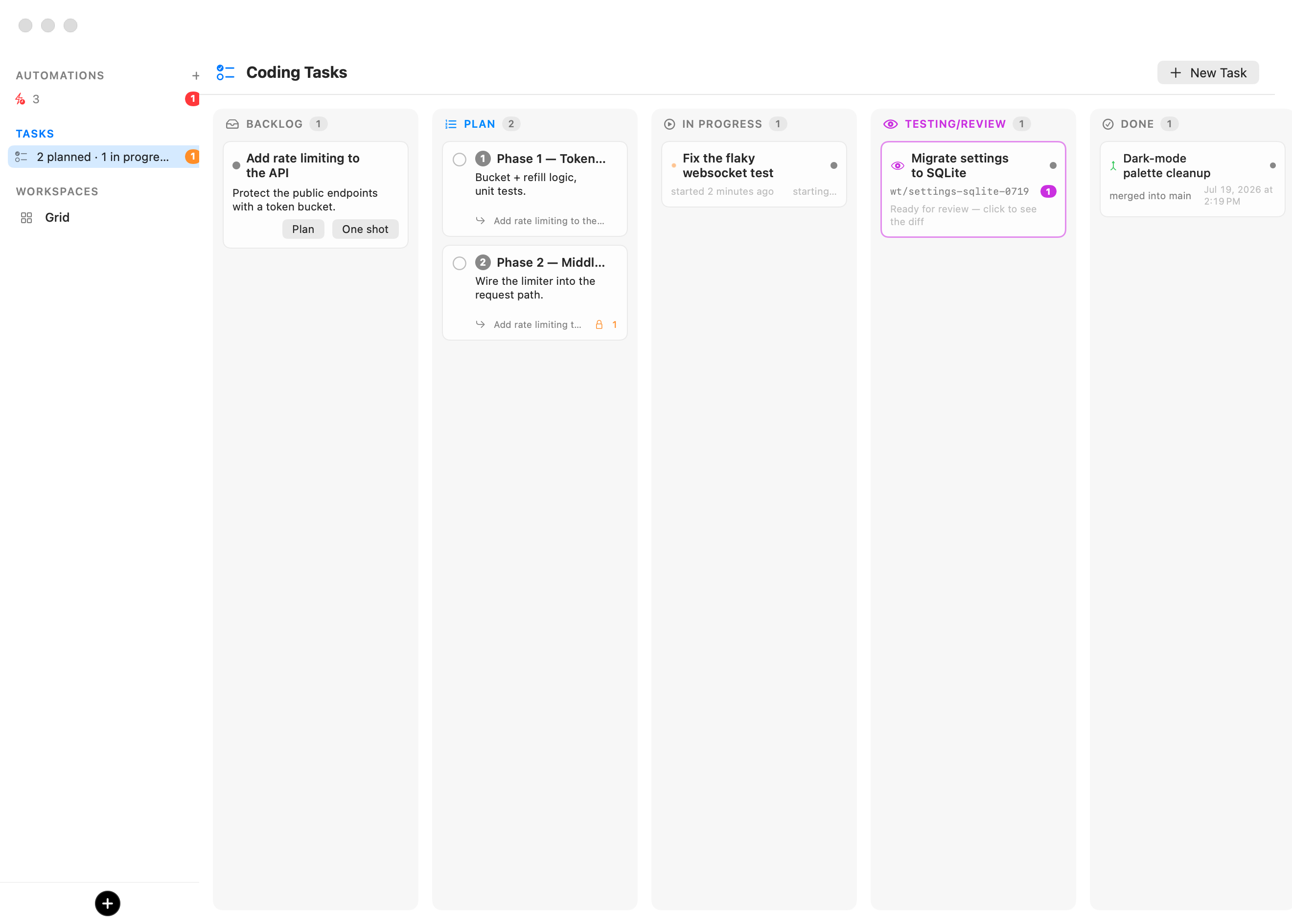 The Coding Tasks board: Backlog with a brief offering Plan and One shot, Plan with two numbered phase cards (the second locked behind a dependency), In Progress with a running task, Testing/Review with a card showing its branch and a comment count, and Done with a merged card.