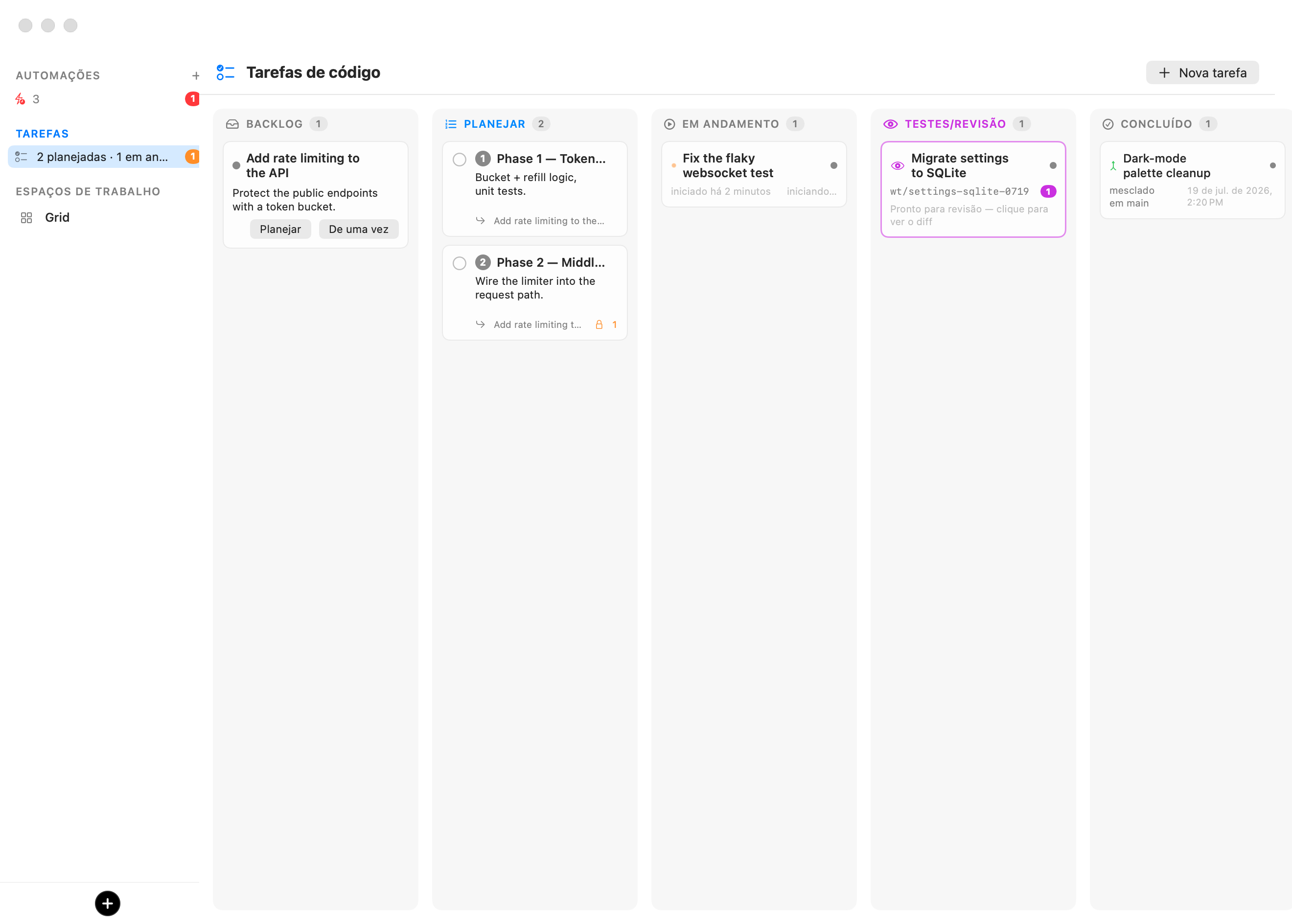 O quadro de Tarefas de código: Backlog com um briefing que oferece Planear e De uma só vez, Plano com dois cartões de fase numerados (o segundo bloqueado atrás de uma dependência), Em curso com uma tarefa em execução, Teste/Revisão com um cartão a mostrar o seu ramo e uma contagem de comentários, e Concluído com um cartão integrado.