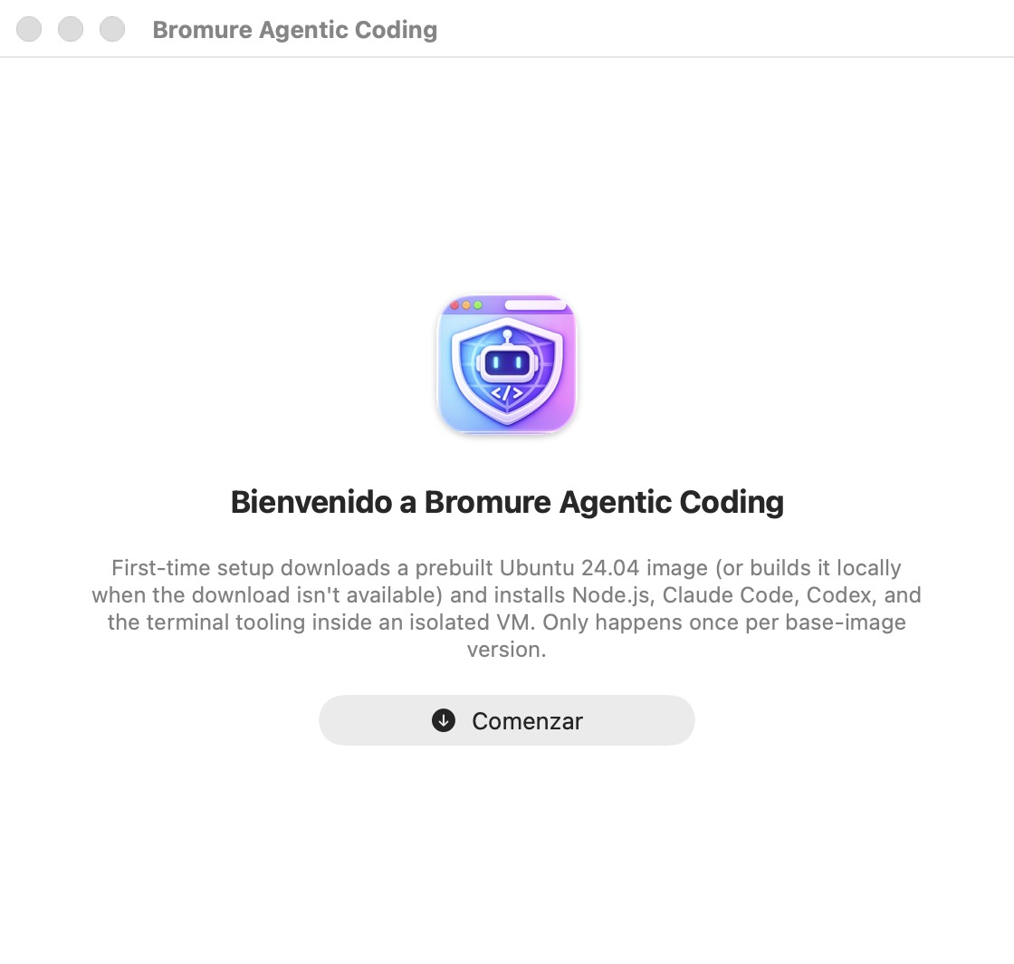 La ventana de bienvenida: el icono de la app sobre el título 'Te damos la bienvenida a Bromure Agentic Coding', un párrafo que explica la configuración inicial y un botón Comenzar