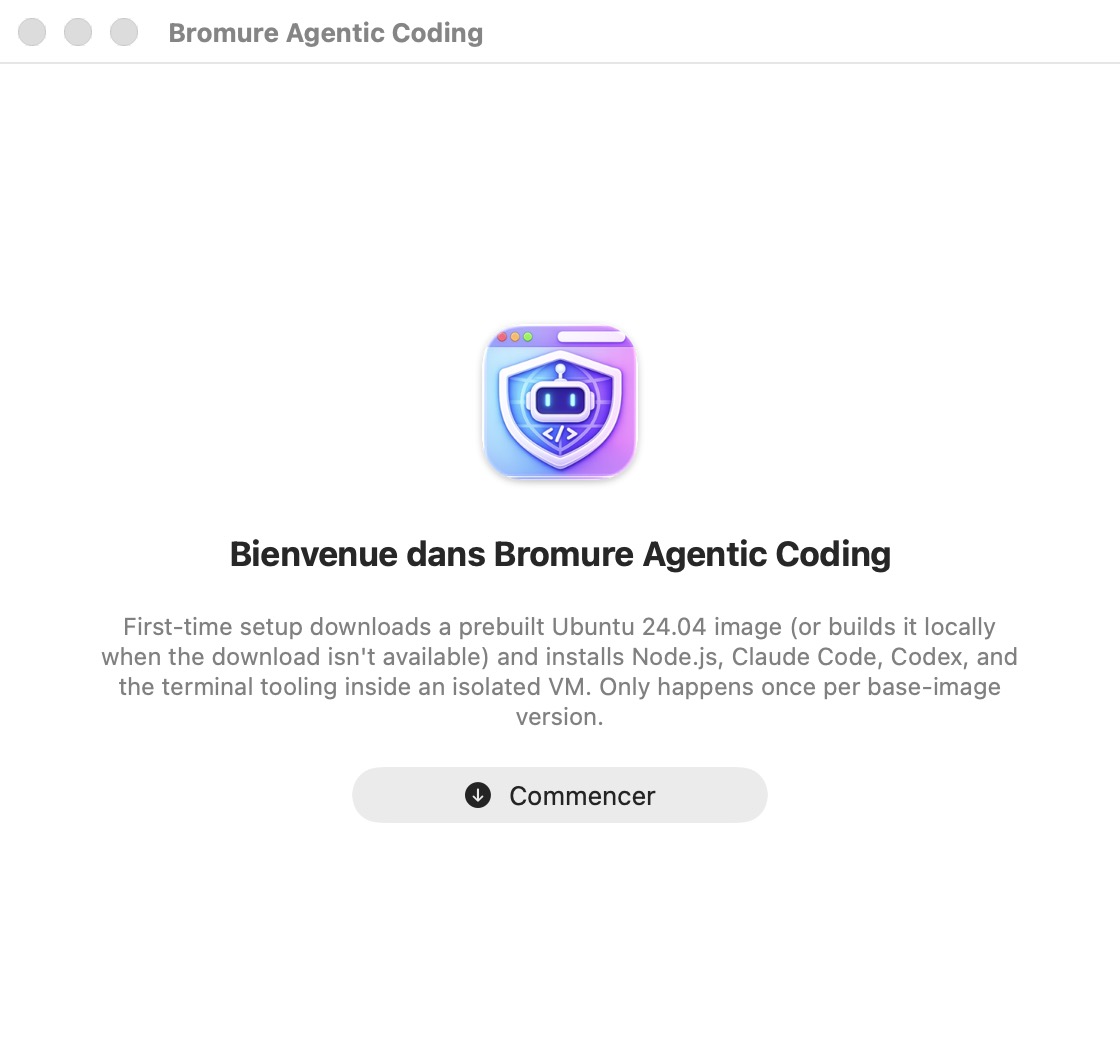 La fenêtre de bienvenue : l'icône de l'application au-dessus du titre « Bienvenue dans Bromure Agentic Coding », un paragraphe expliquant la configuration initiale, et un bouton Commencer