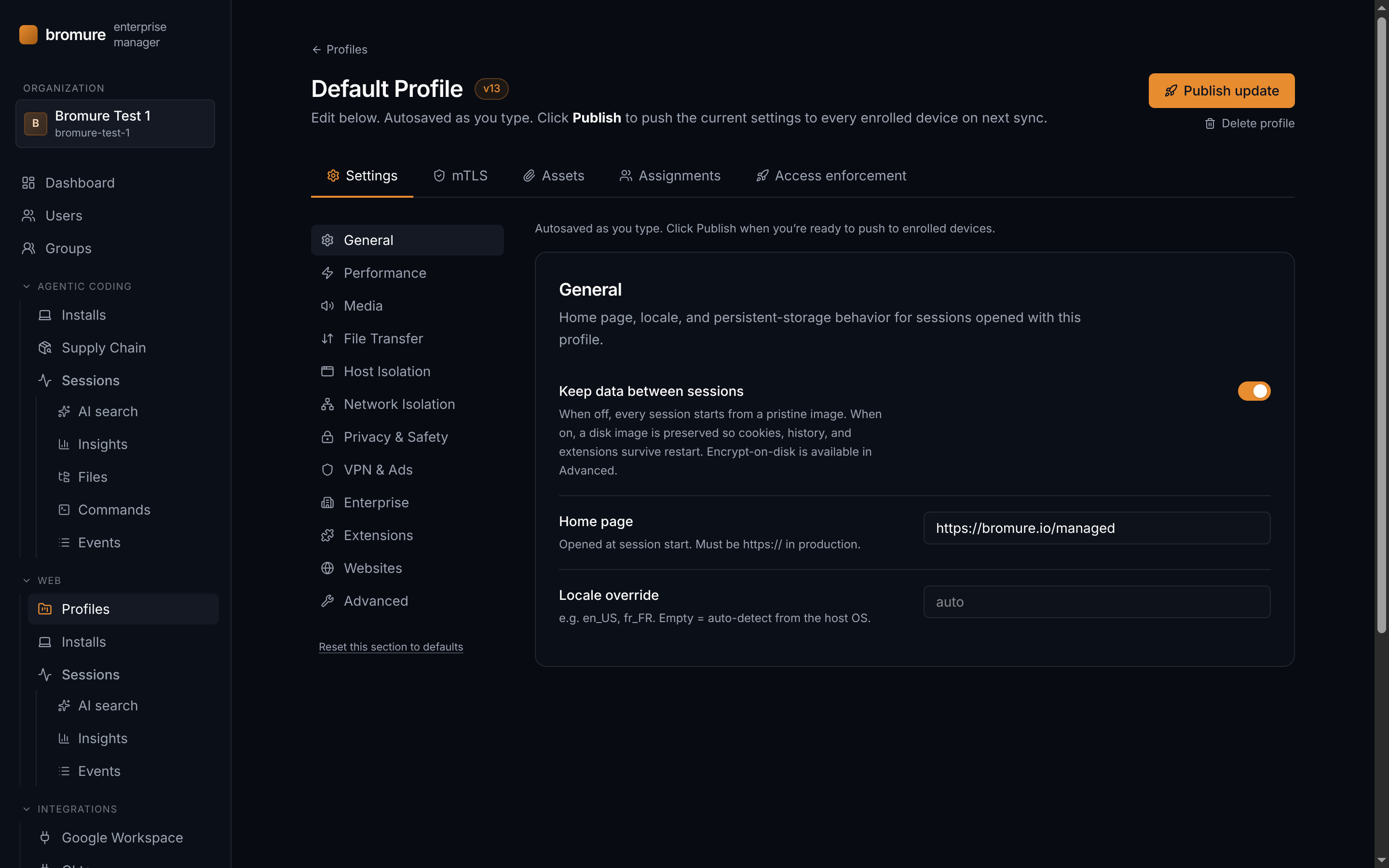 Settings — browser policy