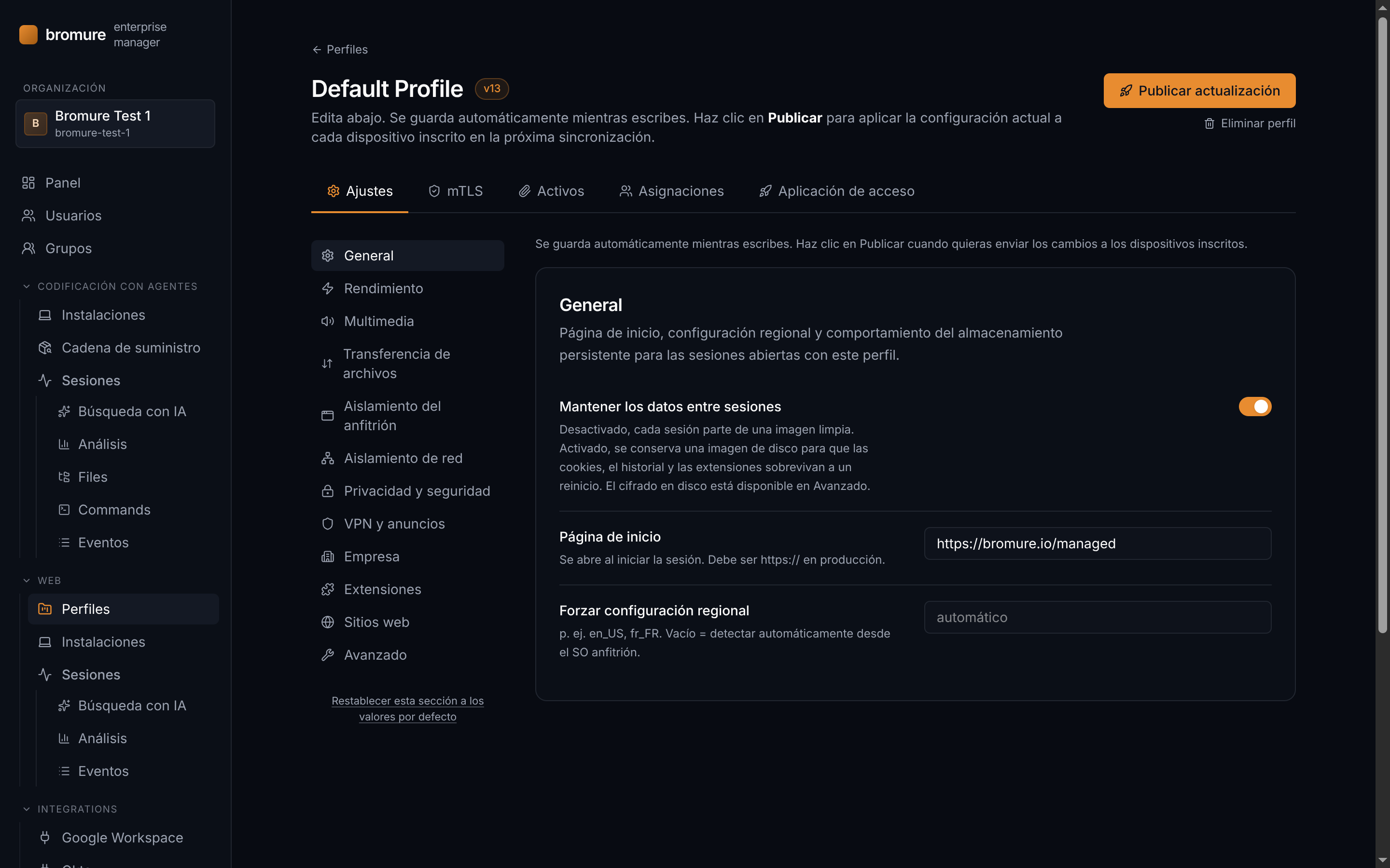 Ajustes — política del navegador