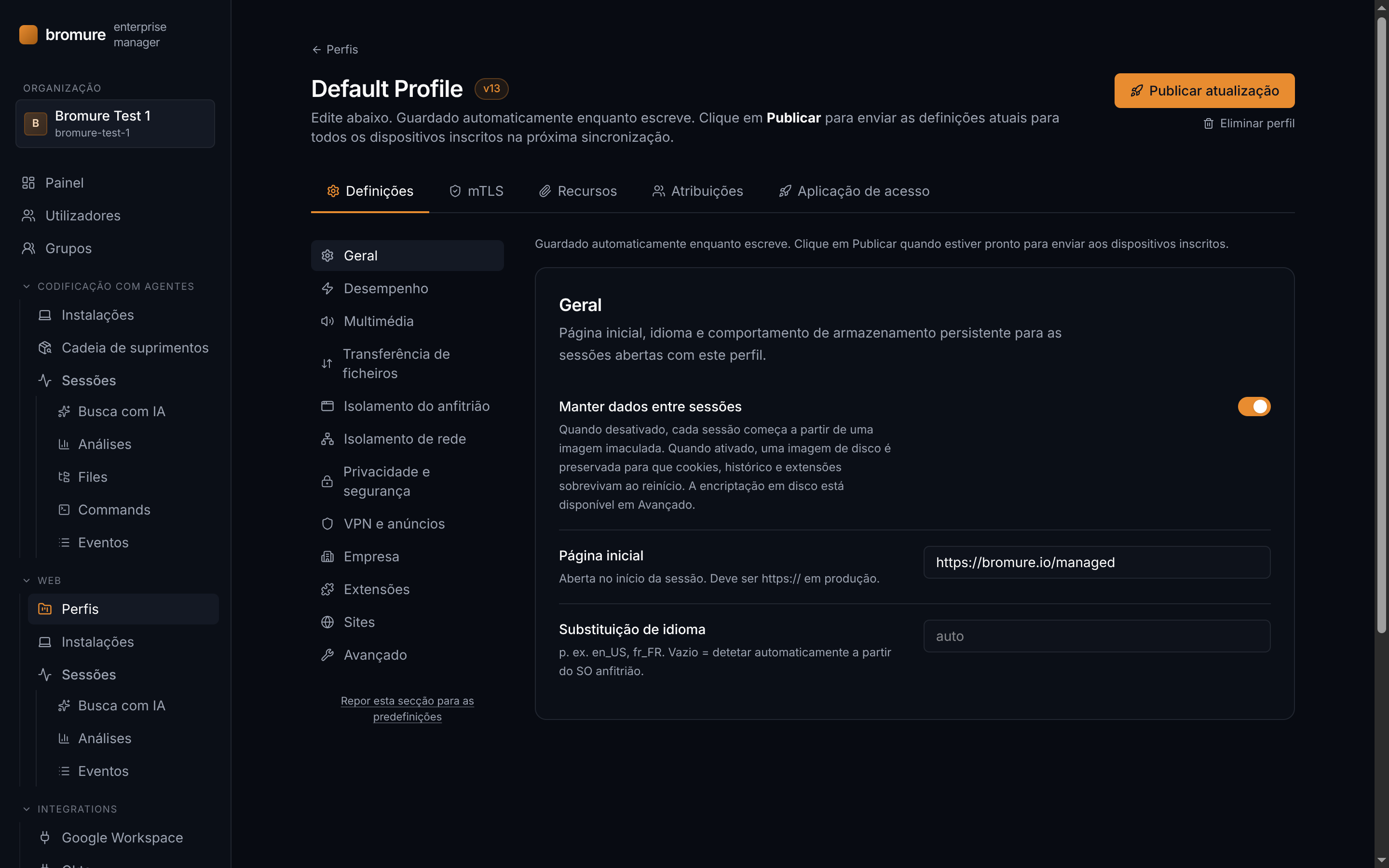 Configurações — política do navegador