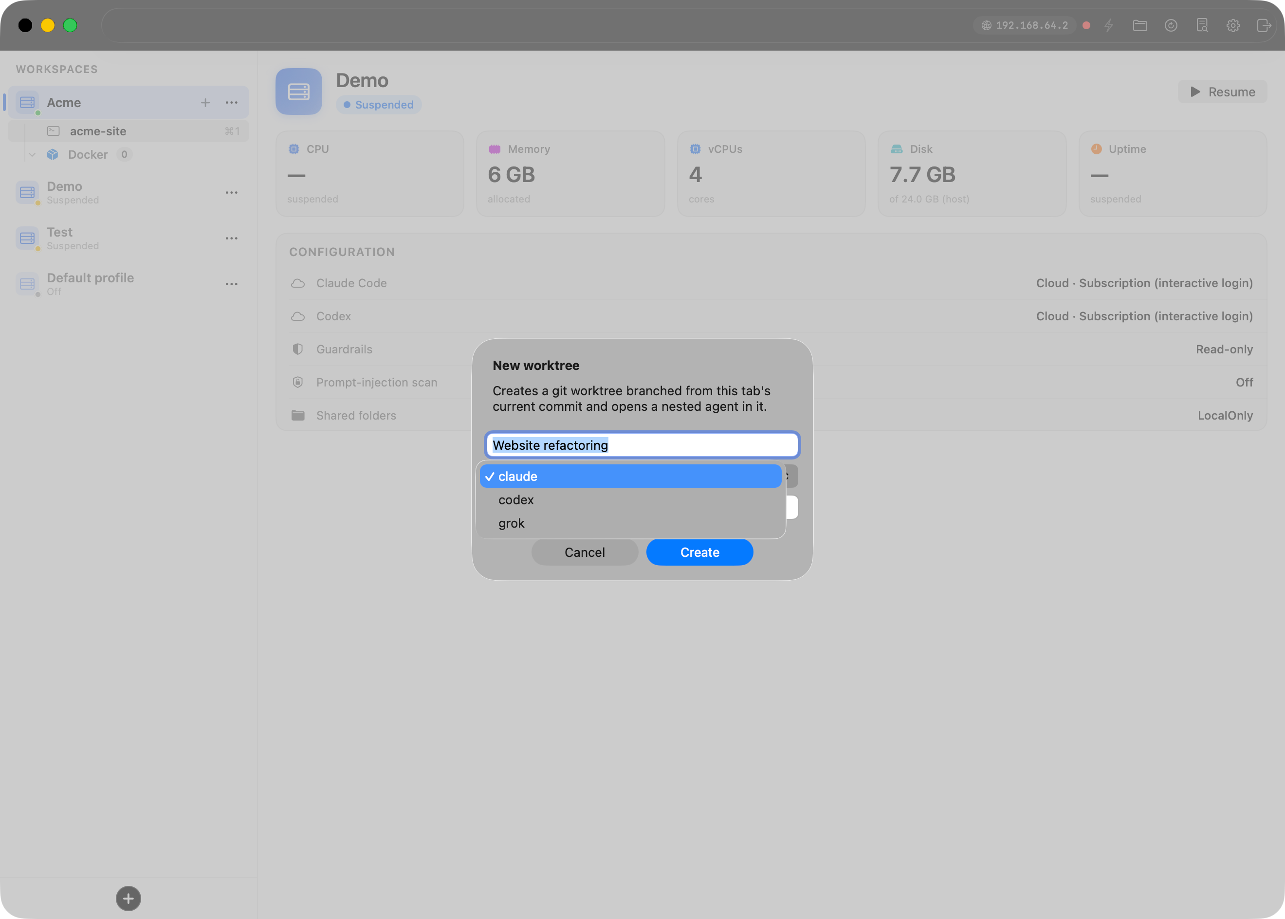 El diálogo New worktree con un nombre de tarea, el selector de herramienta abierto y un prompt inicial rellenado