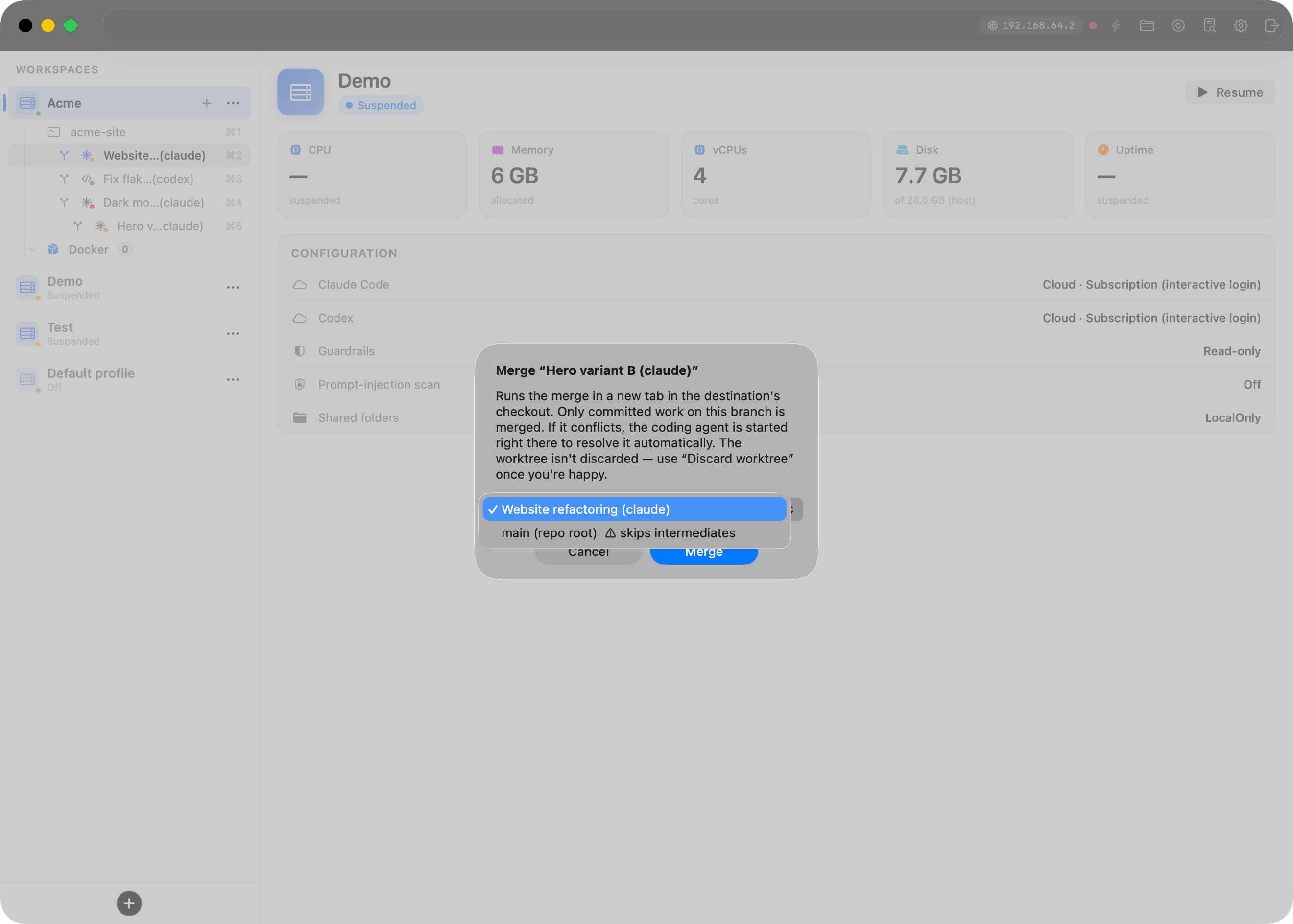 El diálogo Merge con el popup de destino abierto, mostrando la cadena de ancestros