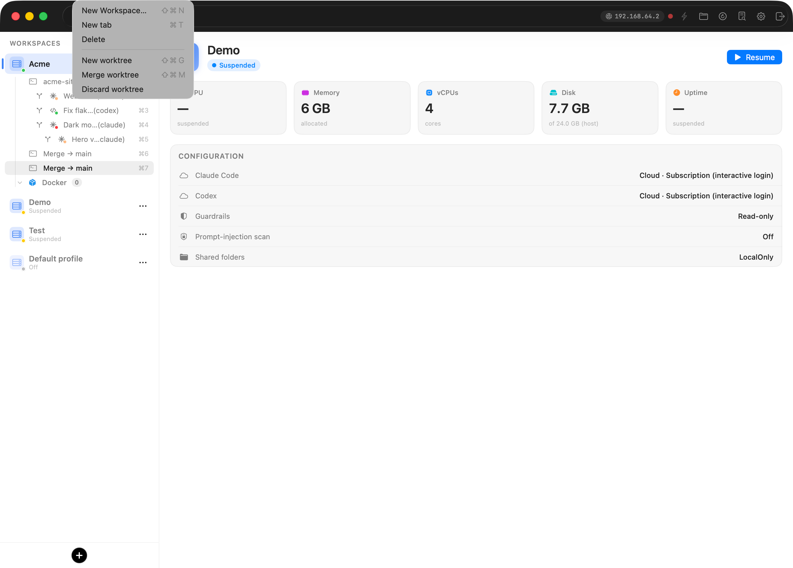 La barra de menú Workspaces abierta, mostrando New worktree ⇧⌘G, Merge worktree ⇧⌘M y Discard worktree